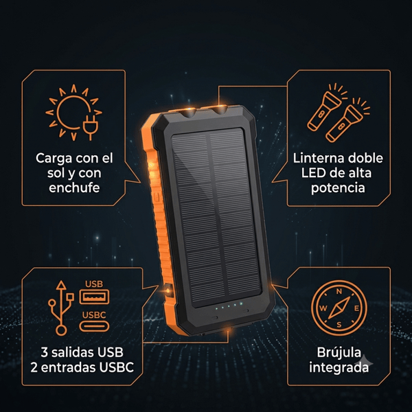 Cargador Portátil Solar con Linterna y Brújula