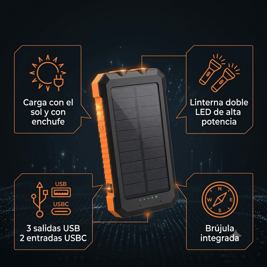 Cargador Portátil Solar con Linterna y Brújula